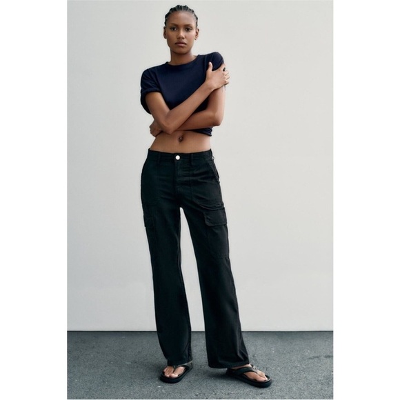 ZARA black pants Womens Size 0 High Rise Straight Leg Cargo Pocket Pants Baggy - Picture 1 of 9